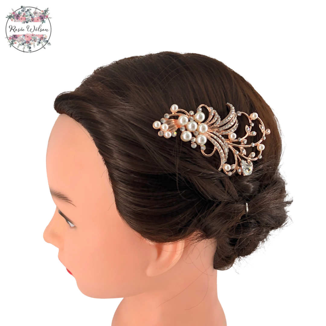 Rose Gold Diamanté/Pearl Feathered Bridal Comb