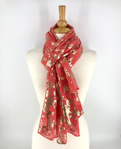 Ladies Long Coral/Gold Floral Print Scarf