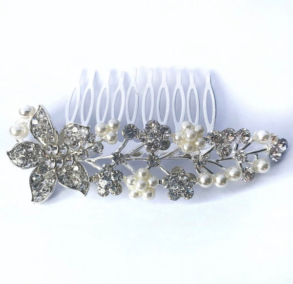 Silver Diamanté/Pearl Flower Bridal Comb