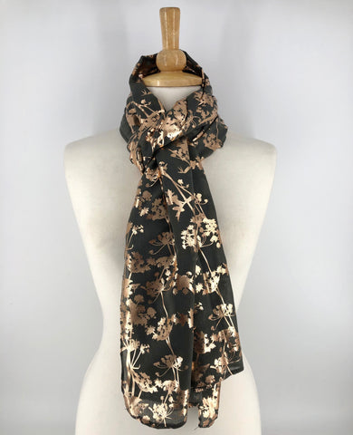 Ladies Long Dark Grey/Rose Gold Floral Print Scarf