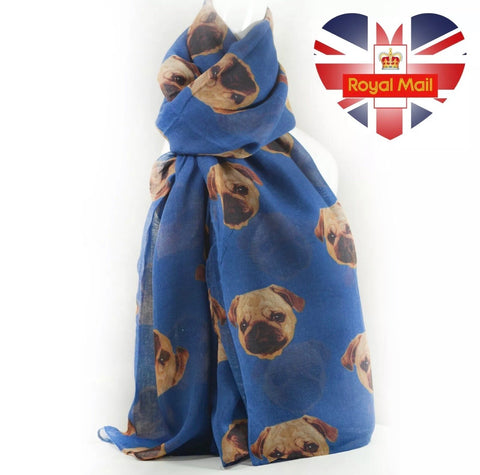 Ladies Long Pug Print Scarf