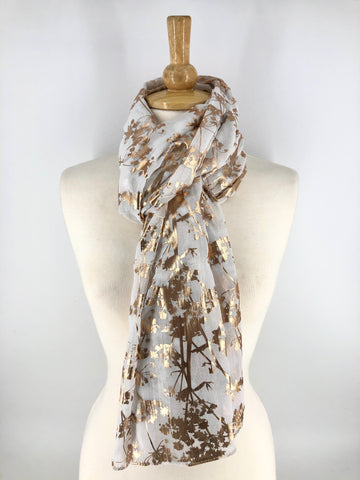 Ladies Long White/Gold Floral Print Scarf