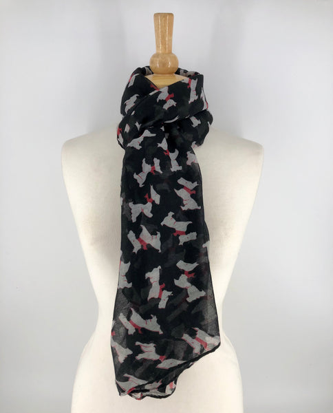 Ladies Long Black Scottie Dog Print Scarf