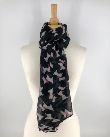 Ladies Long Black Scottie Dog Print Scarf