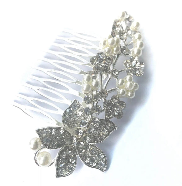 Silver Diamanté/Pearl Flower Bridal Comb