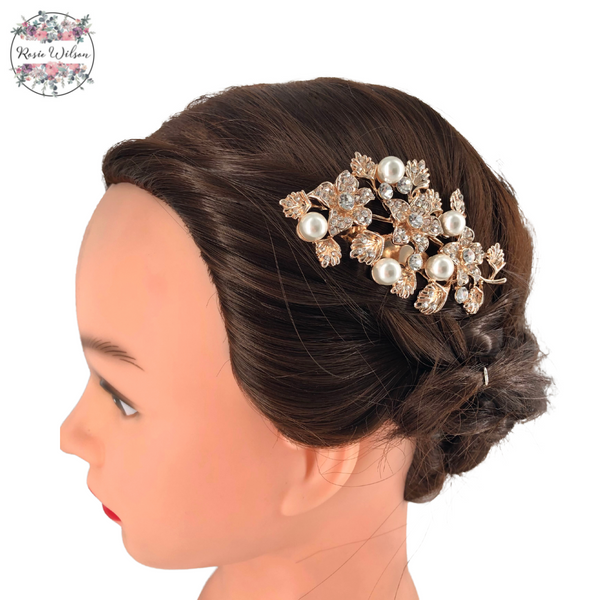 Rose Gold Diamanté/Pearl Floral Bridal Comb