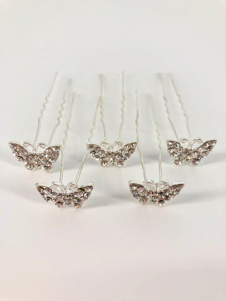 Silver Diamanté Butterfly Hair Pins - Pack of 5