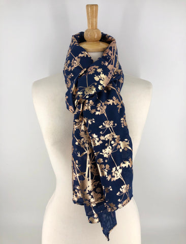 Ladies Long Navy/Gold Floral Print Scarf
