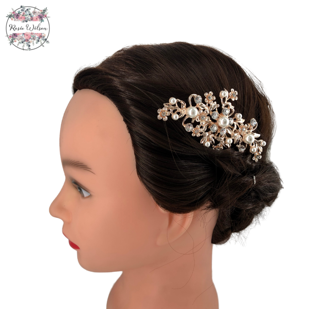 Rose Gold Diamanté/Pearl Small Flowered Bridal Comb