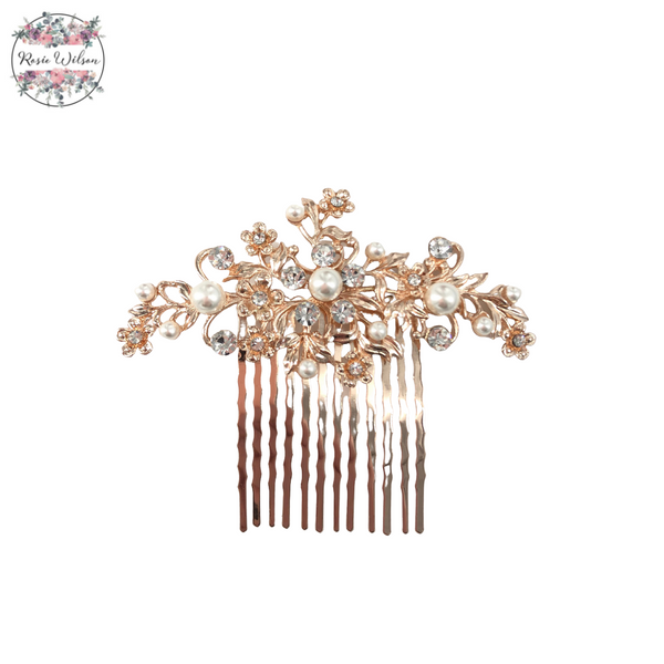 Rose Gold Diamanté/Pearl Small Flowered Bridal Comb