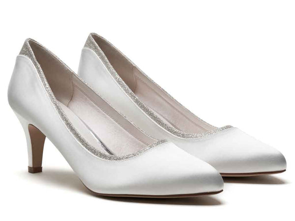 JARA - Ivory Satin & Silver Fine Shimmer Wide Fitting Court Shoes