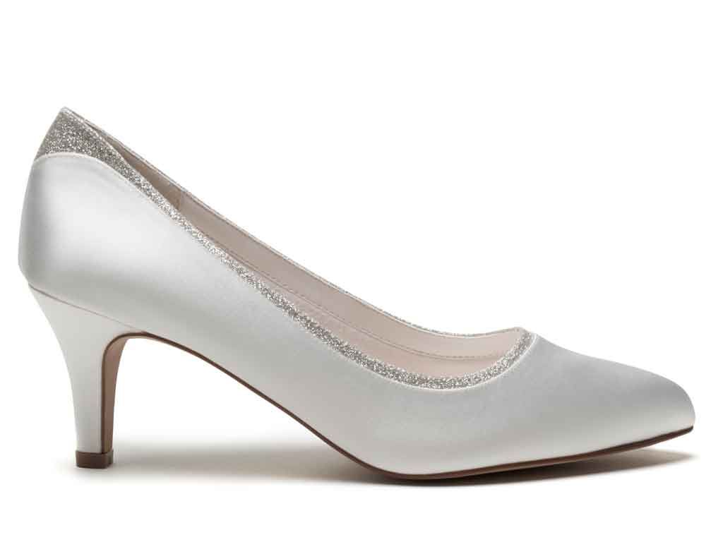 JARA - Ivory Satin & Silver Fine Shimmer Wide Fitting Court Shoes