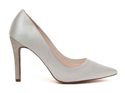 KIKI- Ivory Satin & Silver Fine Shimmer Heeled Court Shoe