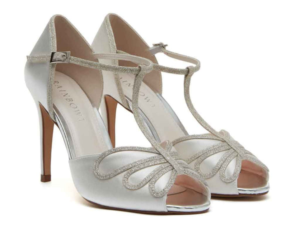 LUCIANA - Ivory Satin & Silver Fine Shimmer T-Bar Court Shoes