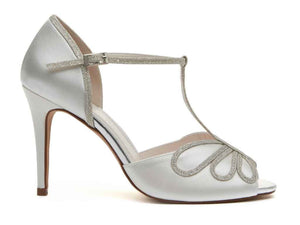 LUCIANA - Ivory Satin & Silver Fine Shimmer T-Bar Court Shoes